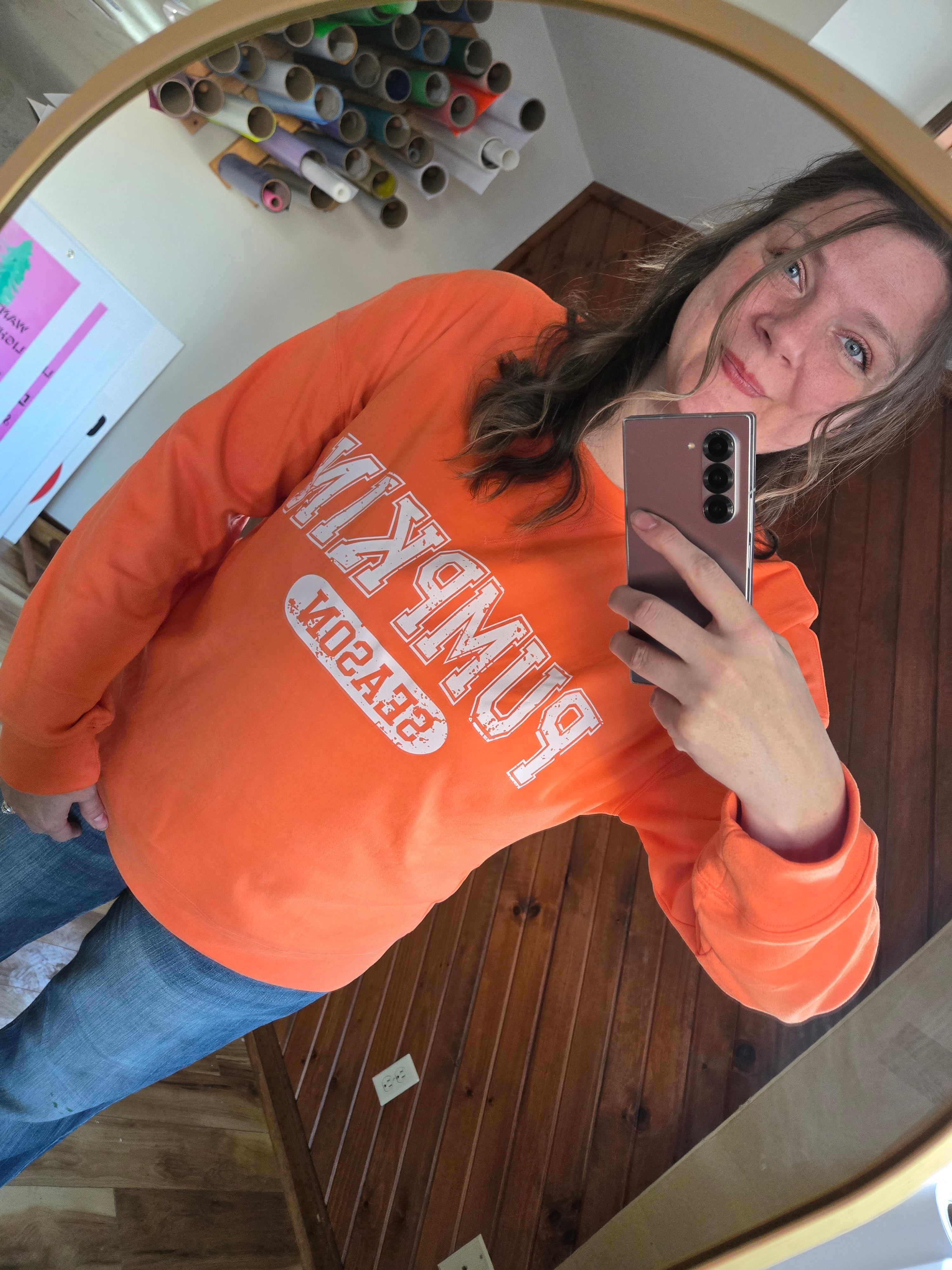 Pumpkin Season Sweatshirt – Cozy Fall Orange Crewneck | Vivid Expressions, LLC